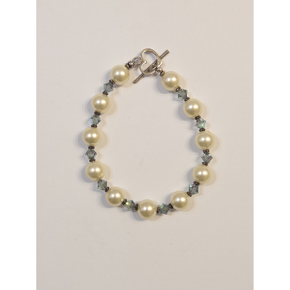 Vintage Sterling Silver Simulated Pearl & Blue‎ Crystal Bracelet 8.5"